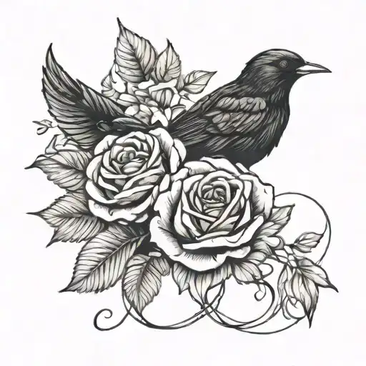 blackbird roses intertwined tattoo design idea