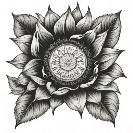 A realistic portrait of a sunflower and tulip with a shiny penny at the center tattoo design idea