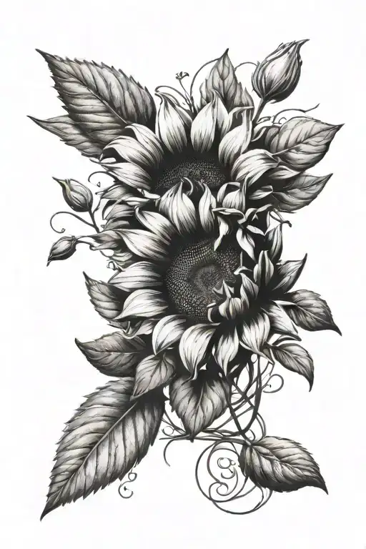A sunflower and tulip intertwined with a trail of pennies leading towards a blooming garden tattoo design idea