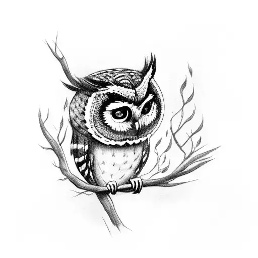 A lazy-eyed owl perched on a branch, surrounded by smoke tattoo design idea
