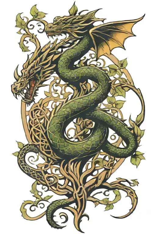 dragon wrapping through a celtic tree of life intertwined tattoo design idea