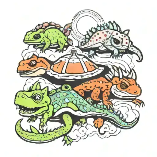 flying saucer, chameleon,  dinosaur, panda tattoo design idea