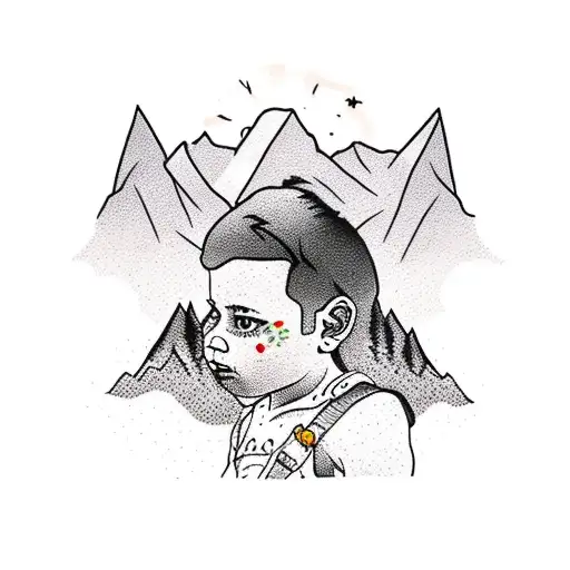 modern outlaw cowboy saving his child self with mountains in background  tattoo design idea