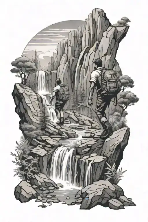 Man hiking, waterfalls cascading tattoo design idea