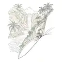 surfer hiking in jungle, waterfalls cascading tattoo design idea
