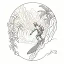 surfer hiking in jungle, waterfalls cascading tattoo design idea