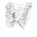surfer hiking in jungle, waterfalls cascading tattoo design idea