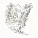 surfer hiking in jungle, waterfalls cascading tattoo design idea