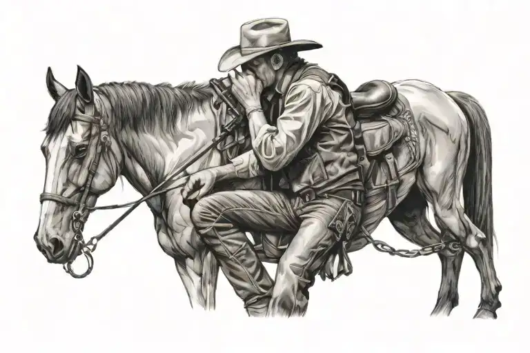 cowboy sitting next to horse with harmonica intertwined tattoo design idea