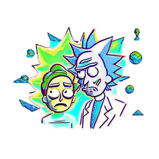 Rick and Morty characters exploring a vibrant and surreal Stardew Valley landscape tattoo design idea