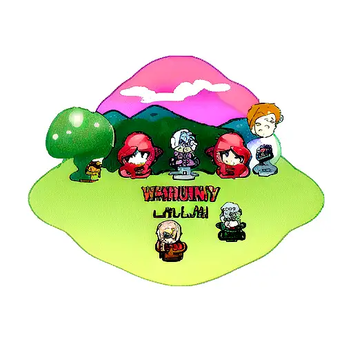 Rick and Morty characters exploring a vibrant and surreal Stardew Valley landscape tattoo design idea