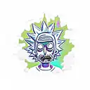 Rick and Morty characters exploring a vibrant and surreal Stardew Valley landscape tattoo design idea