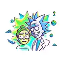 Rick and Morty characters exploring a vibrant and surreal Stardew Valley landscape tattoo design idea
