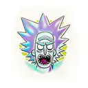 Rick and Morty characters exploring a vibrant and surreal Stardew Valley landscape tattoo design idea