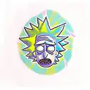 Rick and Morty characters exploring a vibrant and surreal Stardew Valley landscape tattoo design idea