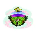 Rick and Morty characters exploring a vibrant and surreal Stardew Valley landscape tattoo design idea