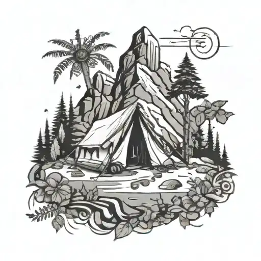 Incorporate elements of fuerza regida's logo into a nature scene representing hiking and camping in Mexico tattoo design idea