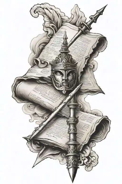 stack of parchments with a spear behind the sheild with greek tattoo design idea