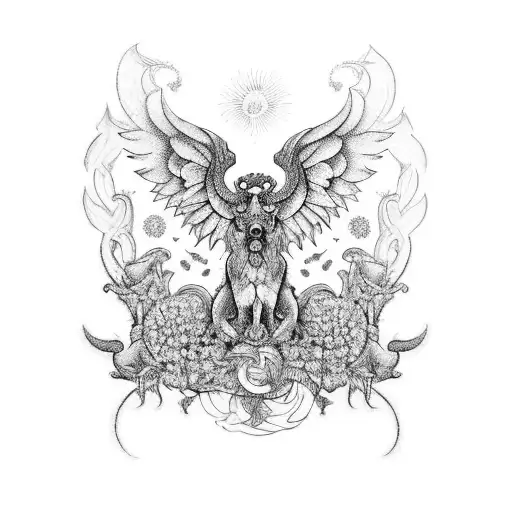 A detailed sleeve tattoo featuring a menagerie of animals intertwined with delicate damask patterns and celestial angel sculptures tattoo design idea