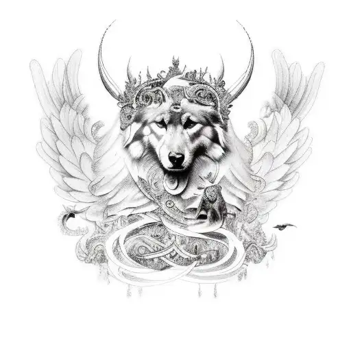 A detailed sleeve tattoo featuring a menagerie of animals intertwined with delicate damask patterns and celestial angel sculptures tattoo design idea