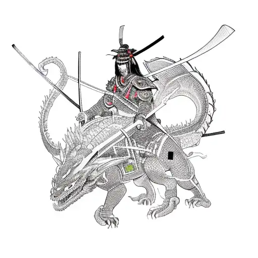 A samurai warrior battling a virtual dragon in a gaming arena, surrounded by traditional Japanese food items like sushi and ramen tattoo design idea