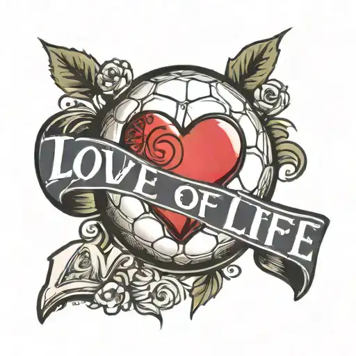 the text "LOVE OF MY LIFE" in clean font, with a soccerball instead of the "O" in "Love" tattoo design idea