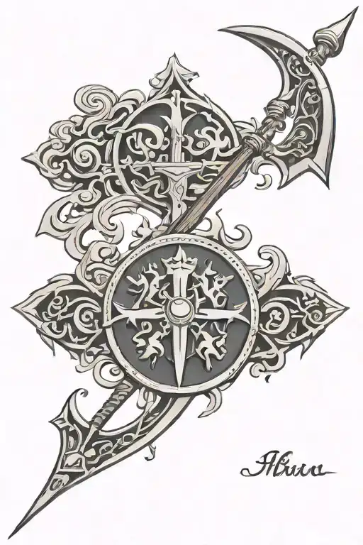Design a black-grey tattoo featuring a stylized halberd surrounded by symbols representing Albania's history tattoo design idea
