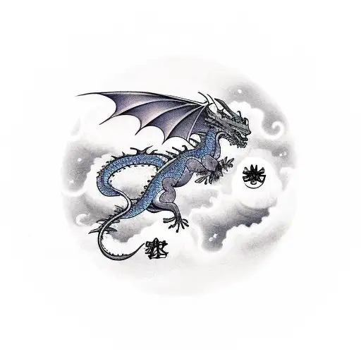 A dragon flying through a celestial sky tattoo design idea