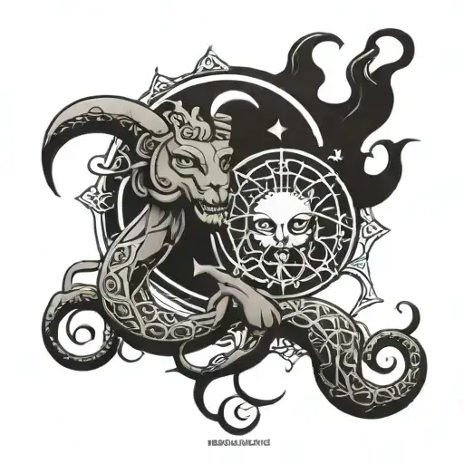 sun and moon with cancer and aries sign intertwined tattoo design idea