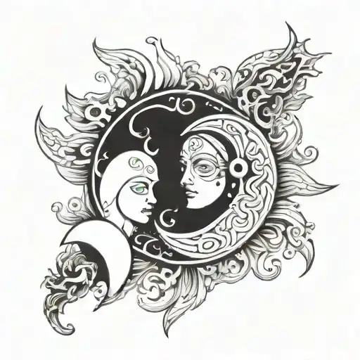 sun and moon with cancer and aries sign intertwined tattoo design idea