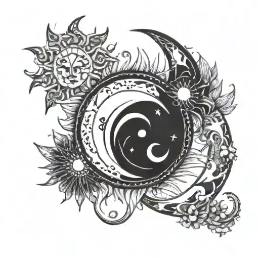 sun and moon with cancer and aries sign made tattoo design idea