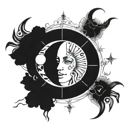 sun and moon with cancer and aries sign intertwined tattoo design idea