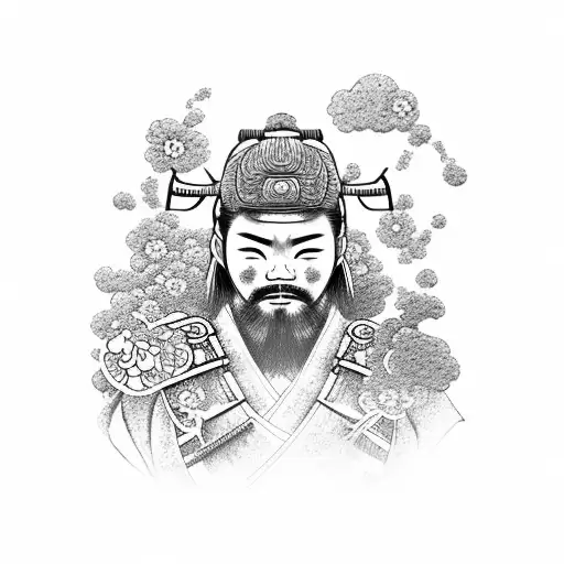 japanese samurai with clouds and flowers tattoo design idea