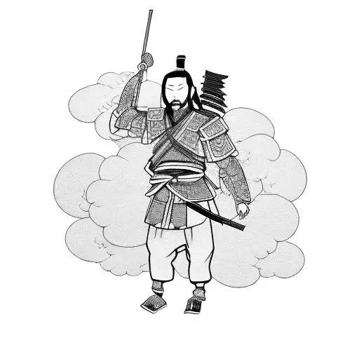 japanese samurai with clouds and flowers tattoo design idea