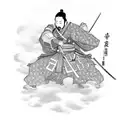 japanese samurai with clouds and flowers tattoo design idea