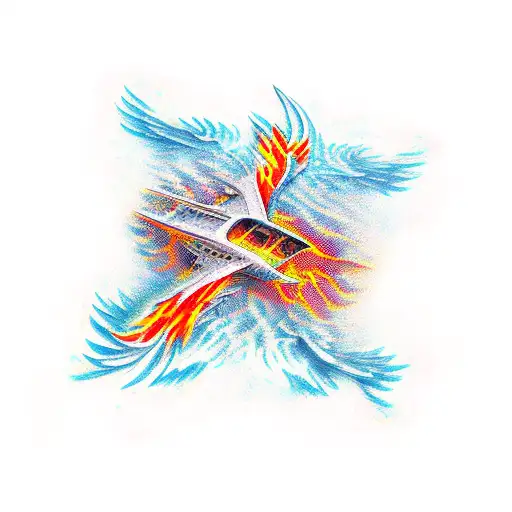 phoenix with burning boats tattoo design idea