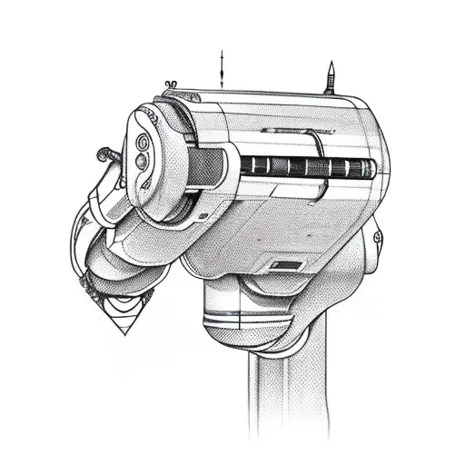 A robotic arm holding a quill pen writing lines of code tattoo design idea