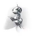 A robotic arm holding a quill pen writing lines of code tattoo design idea