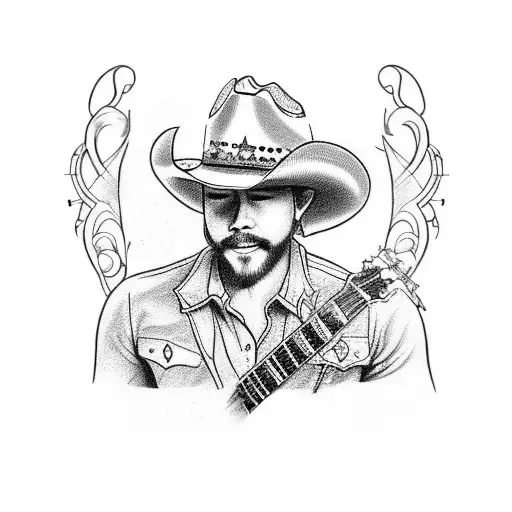 Design a tattoo featuring a heart with a cowboy hat and guitar intertwined, symbolizing Cody Johnson's music tattoo design idea