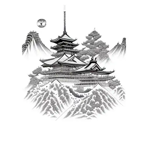 Sword,  house, mountains  tattoo design idea