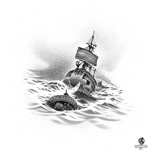 A diver exploring a shipwreck deep underwater surrounded by marine life tattoo design idea