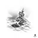 A diver exploring a shipwreck deep underwater surrounded by marine life tattoo design idea