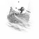 A diver exploring a shipwreck deep underwater surrounded by marine life tattoo design idea