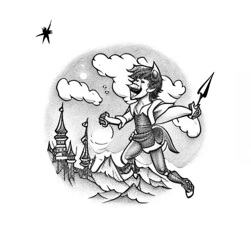 A whimsical scene of Neverland with Peter Pan and the Lost Boys tattoo design idea