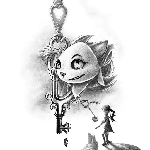 An enchanting black and grey tattoo of a mystical key unlocking the secrets of Neverland tattoo design idea