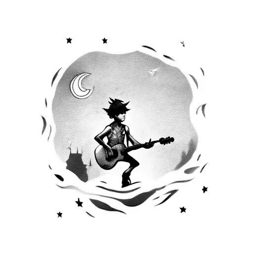 A silhouette of Peter Pan playing a guitar on a moonlit night tattoo design idea