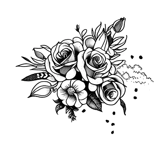 Bunch of flowers with steam - flowers being roses, peonies, lillies, daffodils, tulips and sunflowers tattoo design idea
