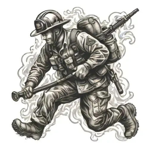  army soldier wildland firefighter battling flames tattoo design idea