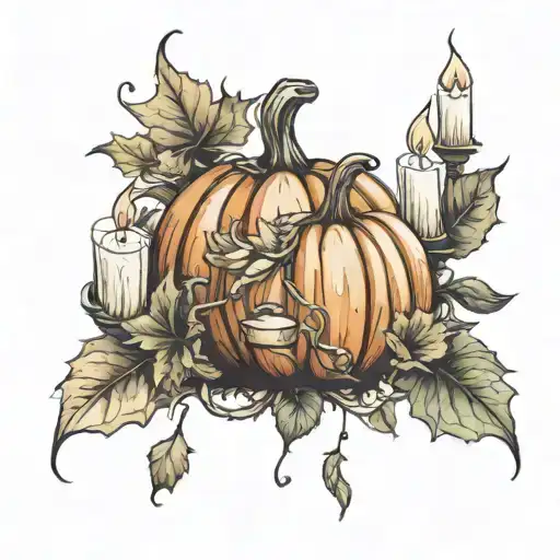 autumn pumpkin and leaves intertwined with candles tattoo design idea