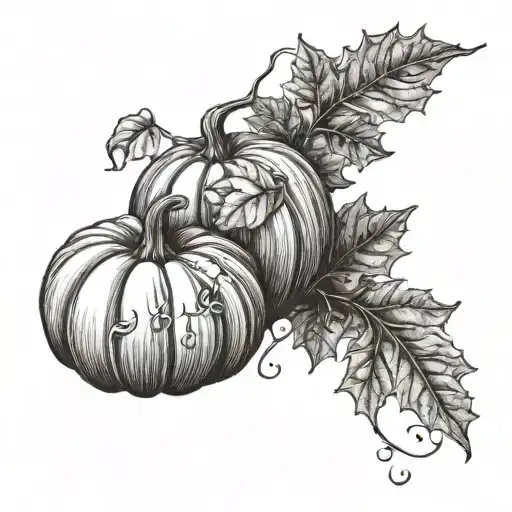 autumn pumpkin and leaves intertwined tattoo design idea